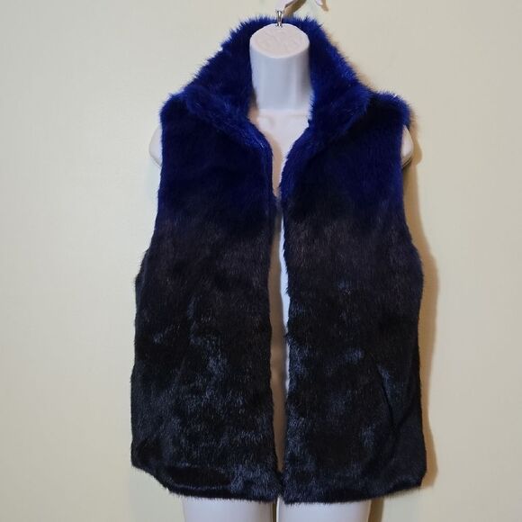 Cejon Black Blue Faux Fur Vest Steam Punk Goth Grunge Chic Rocker Ombre Size M - Picture 2 of 14